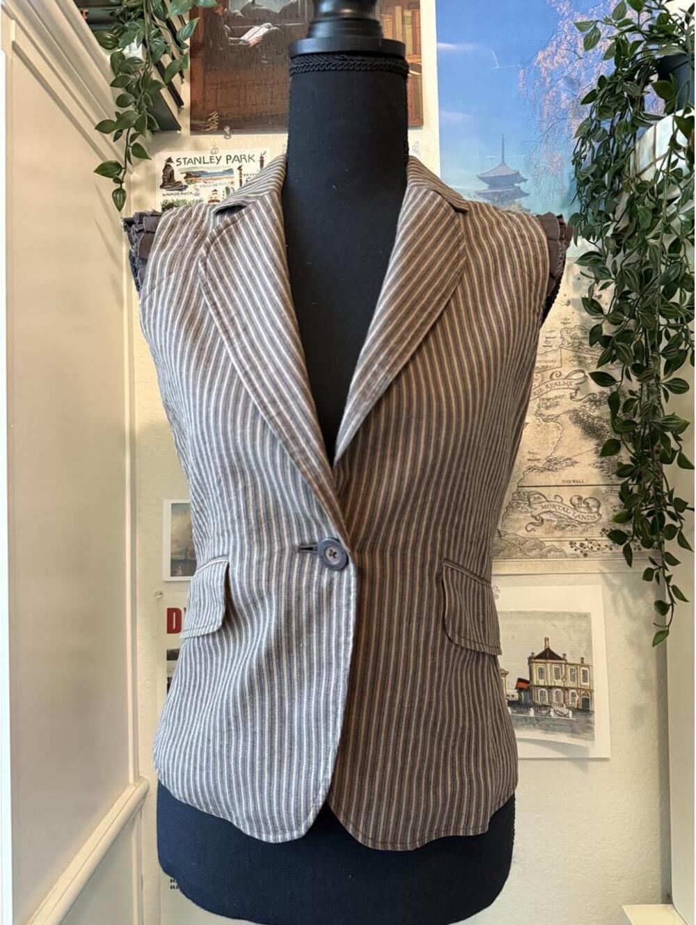 BCBGMAXAZRIA Brown Striped Linen Blend Sleeveless Blazer Vest